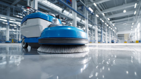 A sleek robotic sweeper with rotating brushes expertly cleans a vast, polished concrete floor inside a contemporary warehouse, enhancing productivity and cleanlinessの写真素材
