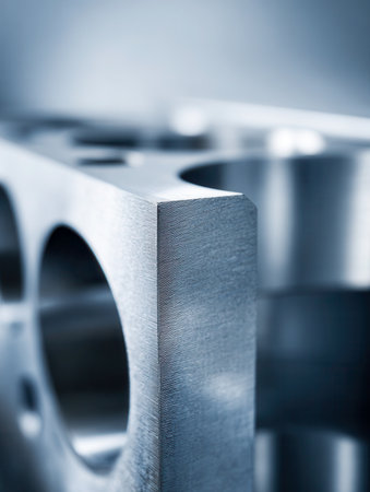 A close-up showcasing a finely crafted metal part featuring sleek, polished surfaces and evenly spaced circular openings, ideal for precision machinery assembly.の写真素材