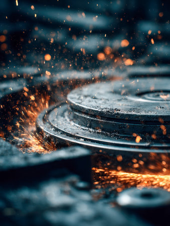 Intense polishing operation unleashes a burst of fiery orange sparks as a rotating metal component is shaped under precision tools, capturing raw energy and craftsmaの写真素材