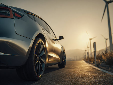 A modern electric car rests gracefully along a sun-kissed highway, flanked by majestic wind turbines against a warm, golden sky emphasizing clean energy progress.の写真素材