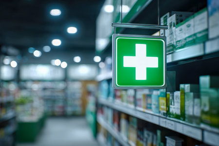 A vibrant green glowing cross decorates the interior of a contemporary pharmacy, its soft illumination contrasting with the softly blurred shelves of health items beの写真素材
