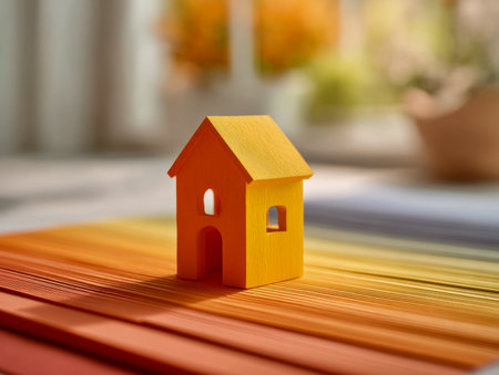A cheerful yellow wooden house figurine rests on a vibrant striped backdrop, illuminated by gentle natural light with a cozy, warm-toned blurred setting in the backgの写真素材