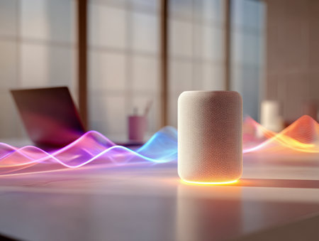 A sleek, illuminated voice assistant emits gentle hues amidst a vibrant workspace, with a blurred laptop and sunlight streaming through a nearby window creating an eの写真素材