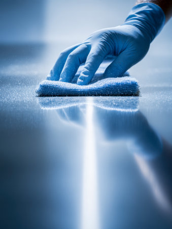 A gloved hand gently cleans a shiny, mirrored surface with a soft microfiber cloth, emphasizing hygiene standards and meticulous sanitation in contemporary spaces.の写真素材
