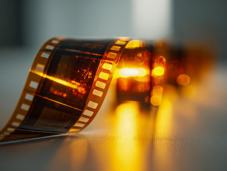 An aged film strip bathed in gentle amber glow, its textured surface and subtle shadows evoke a timeless sense of memory and emotion.の写真素材