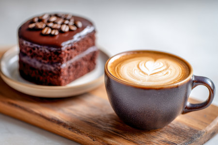 A warm, inviting scene featuring a frothy latte with a delicate heart design, complemented by rich chocolate cake sprinkled with roasted coffee beans, all presentedの写真素材