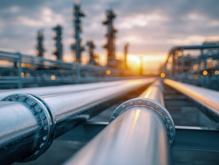 Robust metallic conduits extend across the scene, illuminated by a warm sunset glow, with distant factory silhouettes fading into a vibrant dusk sky.の写真素材