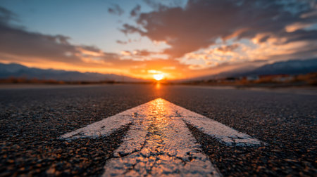 A perspective from below captures a weathered asphalt pathway marked by a stark white directional arrow, leading towards a luminous sunset beneath a turbulent, stormの写真素材
