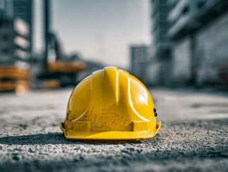 A vivid yellow helmet lies on a rugged concrete slab amid a busy city construction zone, with blurred heavy equipment and scaffolding hinting at ongoing development.の写真素材