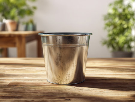 A vintage metal container rests on a rustic wooden surface, complemented by lush greenery softly blurred behind, evoking a cozy, earthy atmosphere perfect for home sの写真素材