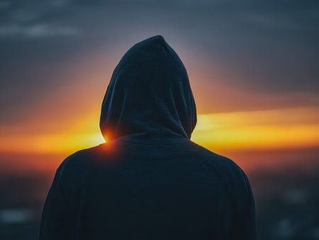 A solitary figure in a shadowy hoodie gazes toward a fiery horizon, where swirling clouds and golden rays create a mood of reflection and awe.の写真素材