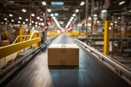 A solitary parcel glides along a sleek conveyor amidst towering storage racks illuminated by overhead lights in a vast distribution hub.の写真素材