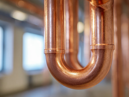 Brightly illuminated copper network with intricate bends and seamless joints, showcasing robust plumbing systems designed for efficiency in a commercial space.の写真素材