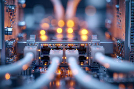 Multiple colorful wires link to a high-tech server, their vibrant LEDs pulsing with active signals,...