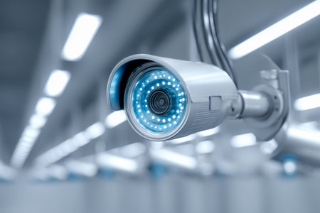 A sleek, high-tech surveillance device with vibrant blue infrared illuminators graces a spacious...
