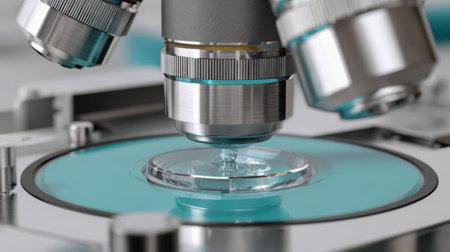 A state-of-the-art microscope concentrates meticulously on a custom-designed petri dish, capturing...
