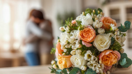 A charming arrangement of soft peach and white roses accented by lush greenery, set against a warm, inviting scene with a couple sharing an intimate embrace in a cozの写真素材
