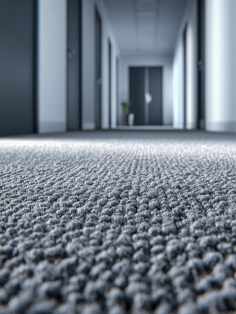 A sleek, contemporary office corridor features a richly textured gray flooring with intricate fiber patterns, creating an inviting atmosphere for professional spacesの写真素材