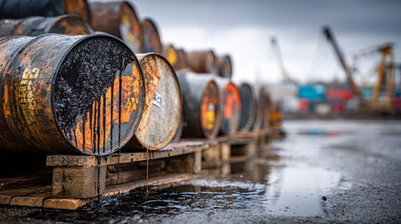 Dim overcast skies cast a pale light on corroded metal drums, their dark seepage streaking across slick surfaces amid heavy machinery and stacked crates.の写真素材