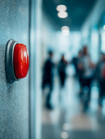 A bold red safety switch is positioned against a intricately textured wall, while blurred office workers move through a sleek, contemporary corridor during daytime.の写真素材
