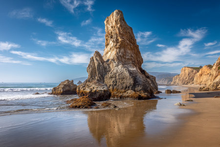 An impressive trio of natural stone pillars rise boldly from the coast, their mirrored images shimmering on the slick shoreline beneath a crisp azure sky, complementの写真素材