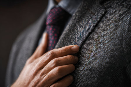 A professional man fine-tunes his tailored blazer, accentuating a sharp look with a vibrant, patterned tie, embodying meticulous style and confidence.の写真素材