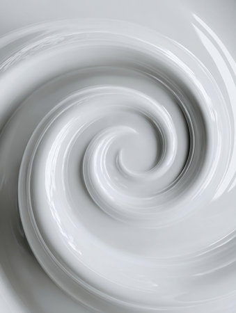 A mesmerizing fluid form with luminous, flowing curves and reflective highlights, forming an intricate spiral pattern perfect for sophisticated abstract designs.の写真素材