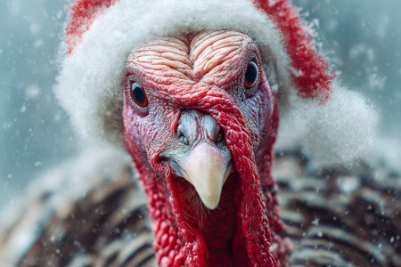 A wild turkey adorned with a holiday hat, set against a snow-dusted winter landscape, capturing festive wildlife charm outdoors.の写真素材