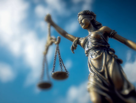A striking bronze figure of impartiality, veiled in a cloth, balancing scales amidst a gentle azure backdrop embodying integrity and judicial equality.の写真素材