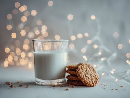 Creamy milk pairs perfectly with a crispy oat cookie stack, set on a plush surface amid gentle glowing orbs that evoke warmth and a snug atmosphere.の写真素材