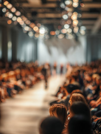 An attentive crowd observes a chic runway event beneath soft, amber-hued illumination, exuding sophistication as graceful silhouettes glide past in the background.の写真素材