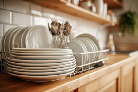 Elegant white ceramics and polished silverware rest ordered on a wooden rack, illuminated by gentle...