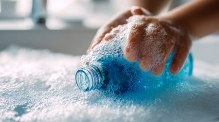 Two hands vigorously clean a vibrant blue container, enveloped in foam and shimmering bubbles, as...
