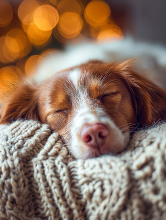A tranquil canine rests peacefully on a soft, handcrafted blanket, embraced by gentle, glowing orbs that cast a warm, inviting glow, evoke calm and comfort.の写真素材