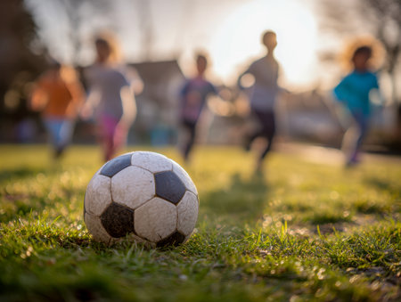 On a bright, sun-drenched day, a vintage soccer ball sits on lush green grass, while energetic kids chase and giggle, capturing pure outdoor joy.の写真素材