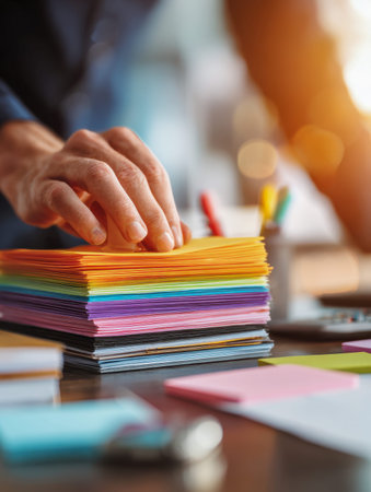 A workspace bathed in sunlight, featuring a person arranging a lively spectrum of papers amid...