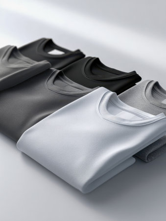 A collection of smooth, folded T-shirts expertly aligned in a monochrome gradient, showing simple elegance perfect for effortless styling and modern wardrobe ideaの写真素材