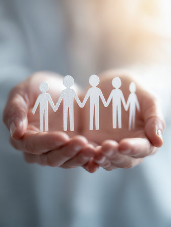 Gentle hands cradle layered paper silhouettes of individuals linked together, evoking themes of compassion, collective strength, and shared purpose against a serene,の写真素材