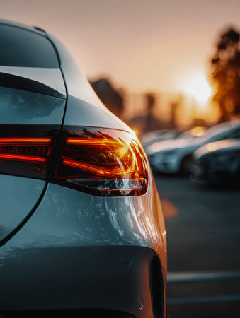A sleek vehicle?s taillight radiates softly amid a colorful sunset, casting a golden hue over the bustling parking area filled with parked cars, evoking serenity andの写真素材