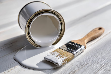 A vintage-style wooden tabletop features a partially tipped open container of glossy white paint, with a brush dipped in fresh pigment lying nearby, perfect for diyの写真素材