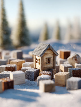 A quaint wooden cottage nestled among frosty blocks, evoking a cozy winter settlement, with snow-laden pines framing the serene holiday scene.の写真素材