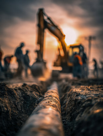 As the sun sets, diligent workers coordinate with powerful machinery to lay a pipeline beneath the earth's surface, amidst a busy, rugged construction scene.の写真素材