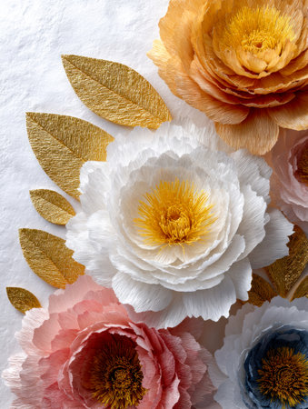 A refined arrangement of intricately crafted paper blossoms in warm hues, accented by textured gold foliage, set against a pristine white backdrop for sophisticatedの写真素材