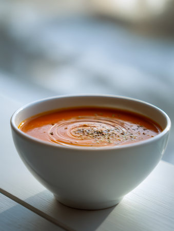 Velvety red soup garnished with freshly ground black pepper, presented in a sleek white ceramic dish on a sunlit wooden surface, evoking warmth and comfort.の写真素材