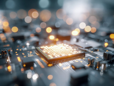 A luminous microprocessor rests at the heart of an intricate, high-tech circuit matrix, illuminated by colorful bokeh effects that evoke a sense of cutting-edge innoの写真素材