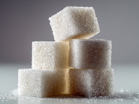 Close-up of pristine white sugar blocks arranged atop a glossy plane, capturing intricate grain textures and gentle illumination against a softly blurred backdropの写真素材