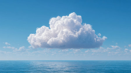 A majestic, soft cloud ensemble floats serenely in an azure sky, mirroring the tranquil ocean's...
