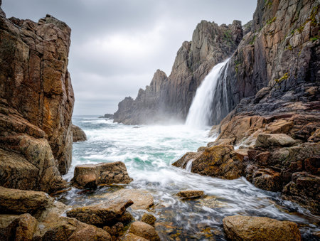 A powerful waterfall spills over jagged cliffs, merging into churning sea amid stormy clouds, capturing the raw beauty of untamed seaside terrain.の写真素材