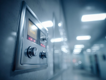 An advanced control interface featuring a glowing digital display and sleek metal knobs, set against a softly blurred industrial backdrop under bright lighting.の写真素材