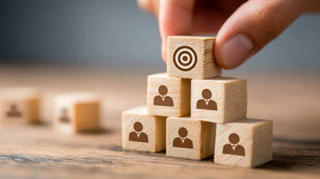 A hand carefully stacks a target icon atop wooden blocks featuring businessperson symbols, illustrating strategic planning, achievement, and collaborative success.の写真素材
